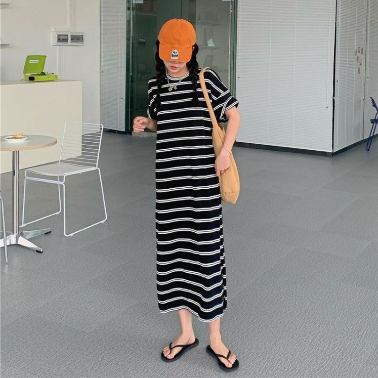 COZOK Váy Ngắn Tay Dáng Rộng Họa Tiết Sọc Thời Trang