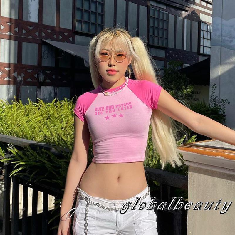 Áo Thun Croptop Tay Ngắn Màu Sắc Tương Phản In Chữ Thời Trang Mùa Hè Dành Cho Nữ