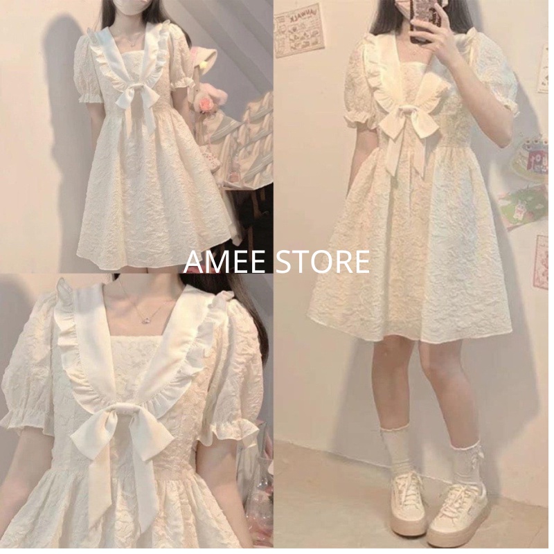 Váy nữ dự tiệc, gấm xốp dáng xòe viền bèo đính nơ tay bồng - đầm tiểu thư babydoll sang chảnh đi chơi xinh lolita, AMEE