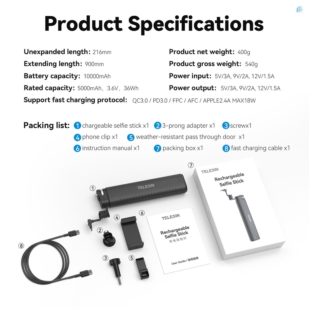 TELESIN Gậy Selfie TE-CSS-001 Sạc Nhanh QC / PD3.0 90CM Bằng Nhựa Resin Kèm Vít 1 / 4 Inch