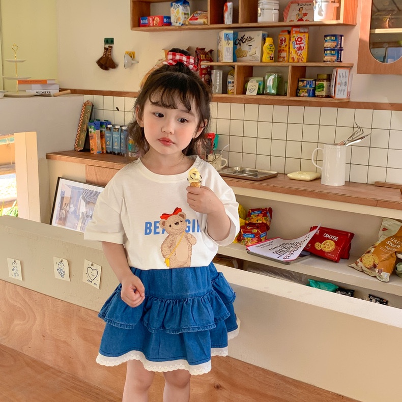 Áo Thun Cotton In Hình Gấu Nhỏ Dễ Thương Phong Cách Hàn Quốc Cho Bé Gái 0-7 Tuổi