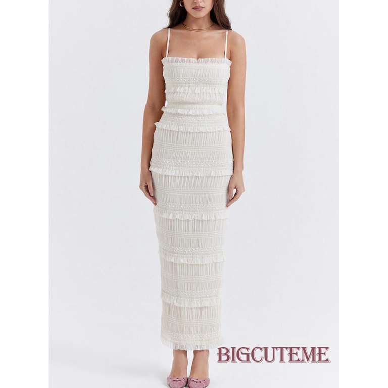 Đầm Dài Hai Dây Nhún Bèo Màu Sắc Trơn Thời Trang Xuân Hè Xinh Xắn Cho Nữ