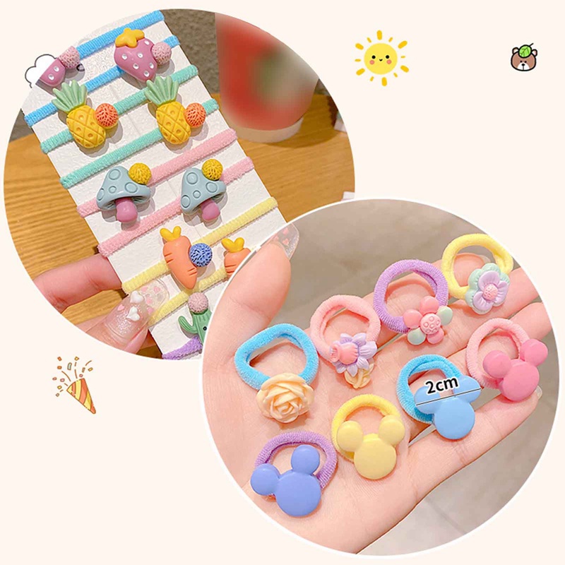 Set 10 Dây Cột Tóc Co Giãn Đính Hoa / Trái Cây Hoạt Hình Dễ Thương Cho Bé Gái