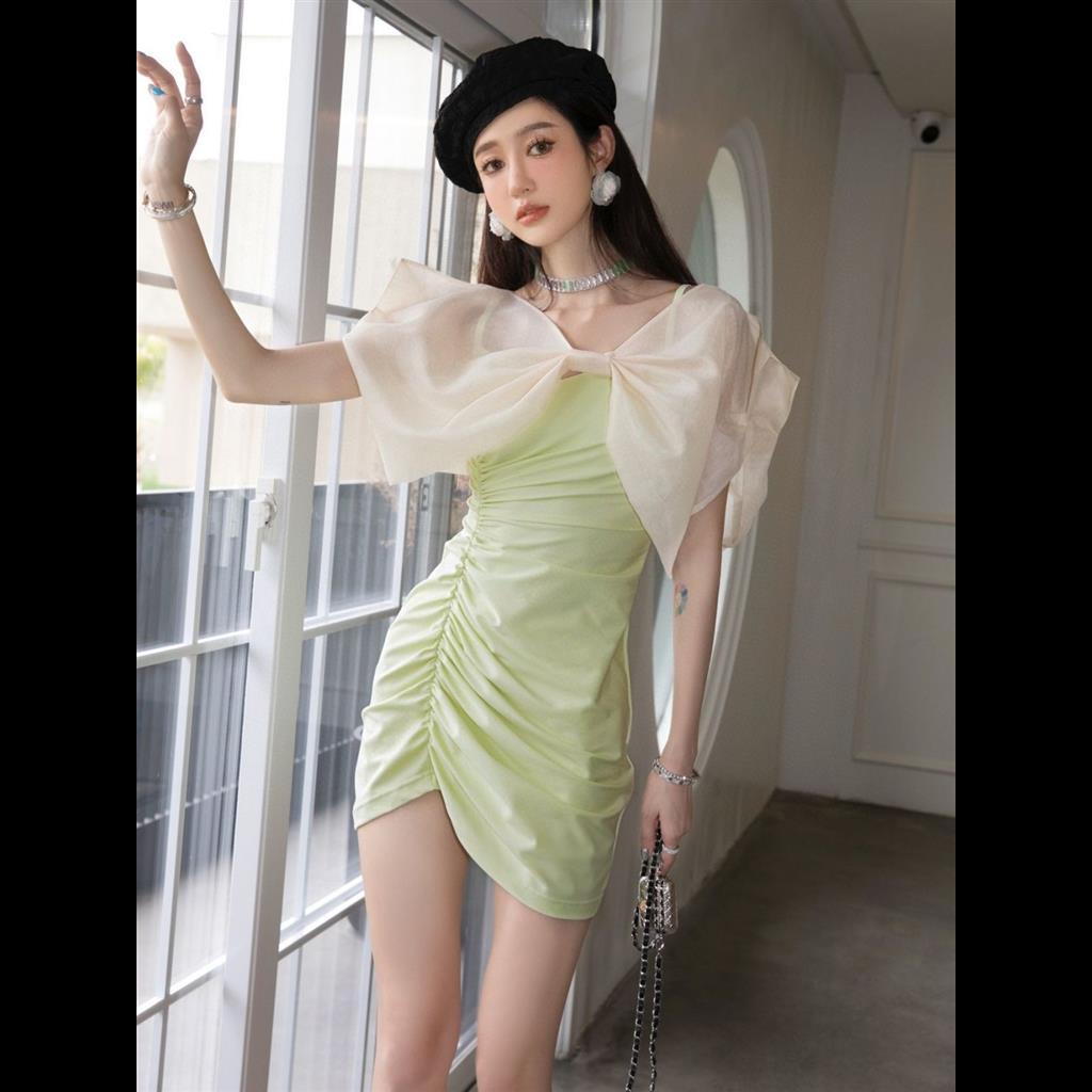 Đầm Eo Cao Ôm Hông Thiết Kế Tối Giản Đính Nơ Phong Cách Pháp Mới Cho Nữ