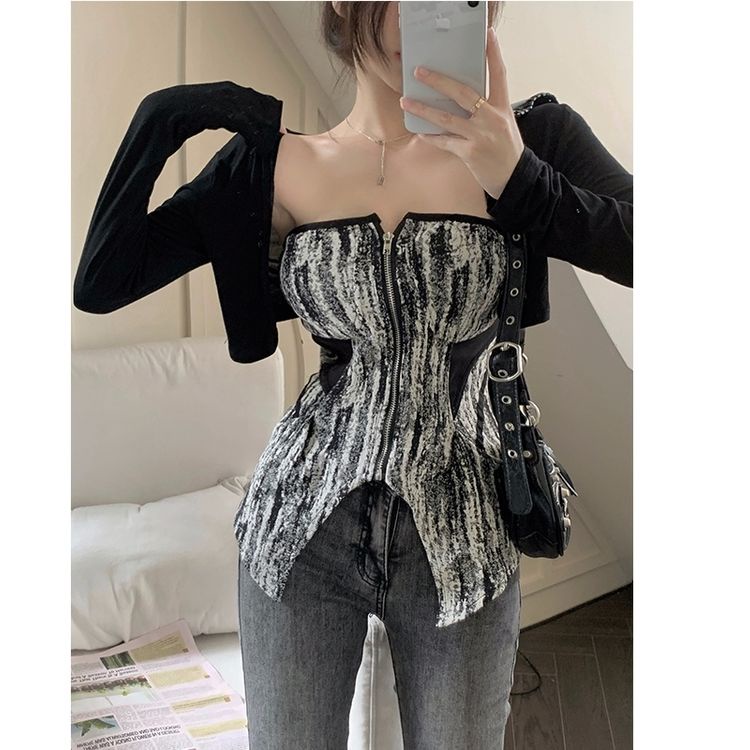 Set Áo Ống Màu Đen + Khăn Choàng Cổ Phong Cách Retro Mỹ Cho Nữ