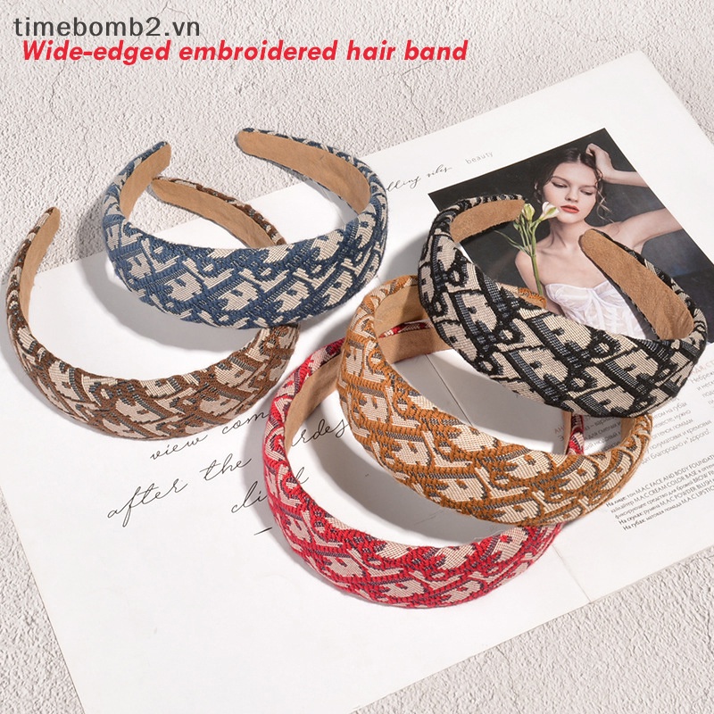 Băng Đô Cài Tóc Bản Rộng Thêu Họa Tiết Phong Cách Vintage Cho Nữ