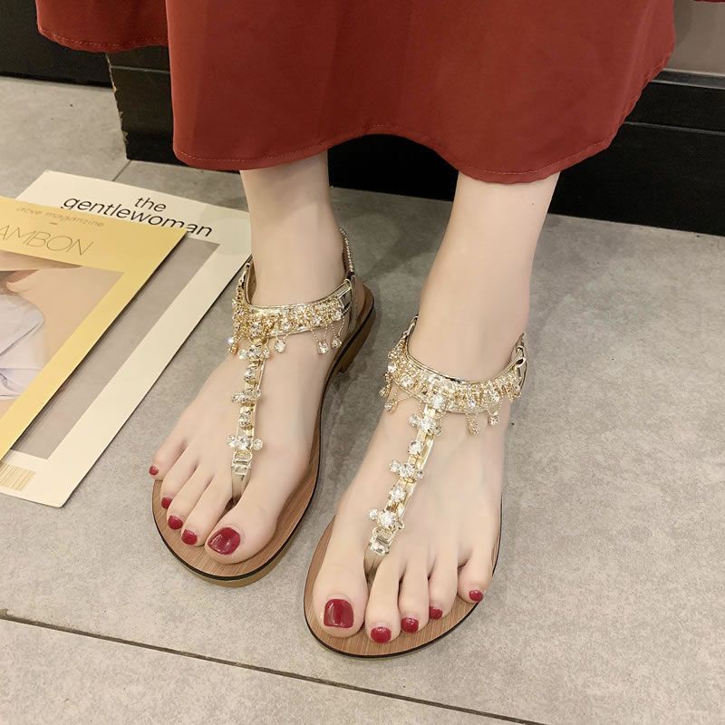 Giày Sandal Đế Bệt Quai Chéo Đính Đá Phong Cách Bohemian Thời Trang Mùa Hè 2023 Dành Cho Bạn Nữ