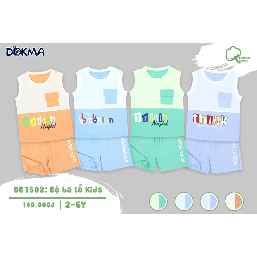 (2->6 tuổi) Bộ 3 lỗ sát nách bé trai Dokma- chất cotton hữu cơ mềm mát, thoáng khí, co giãn tốt (DB1502)