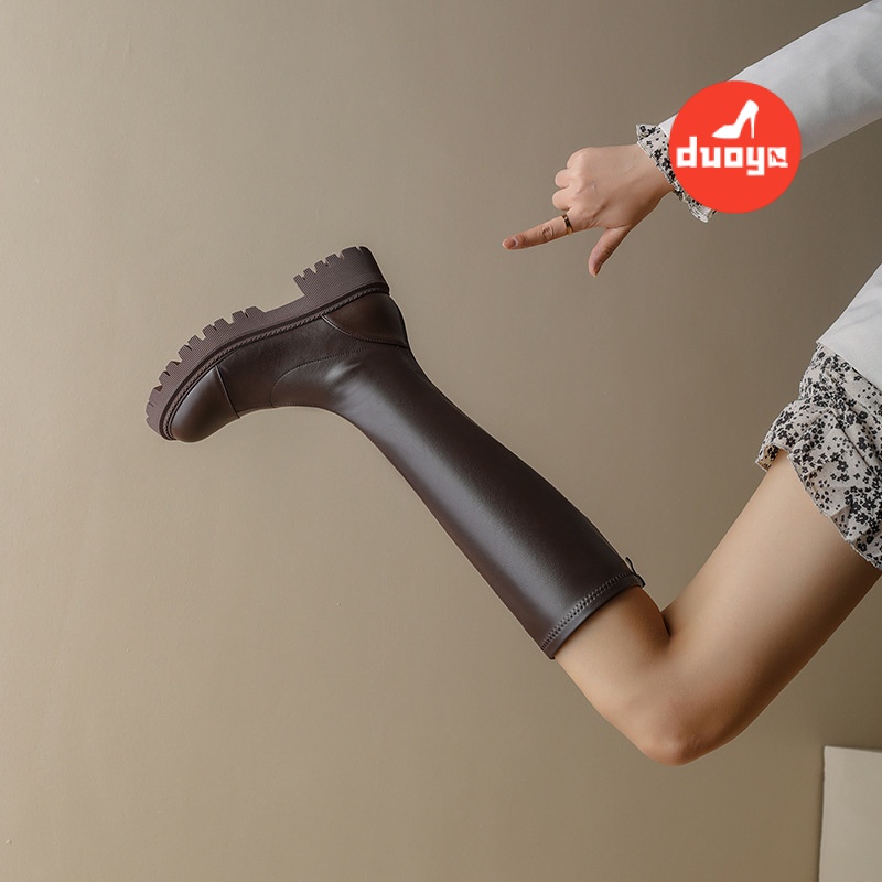 Duoya Factory Thẳng Hàng Có Sẵn ~ [Hàng Có Sẵn] Giày Bốt Dày Màu Nâu Đế Dày Ống Cao Đến Cao Cho Nữ Slimmer Fat mm St