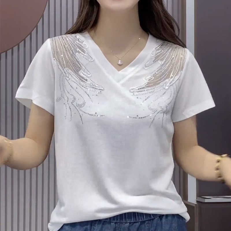 Áo Thun Ngắn Tay Cổ Chữ V Thêu Họa Tiết Thời Trang Mùa Hè 2023 Cho Nữ Ốp