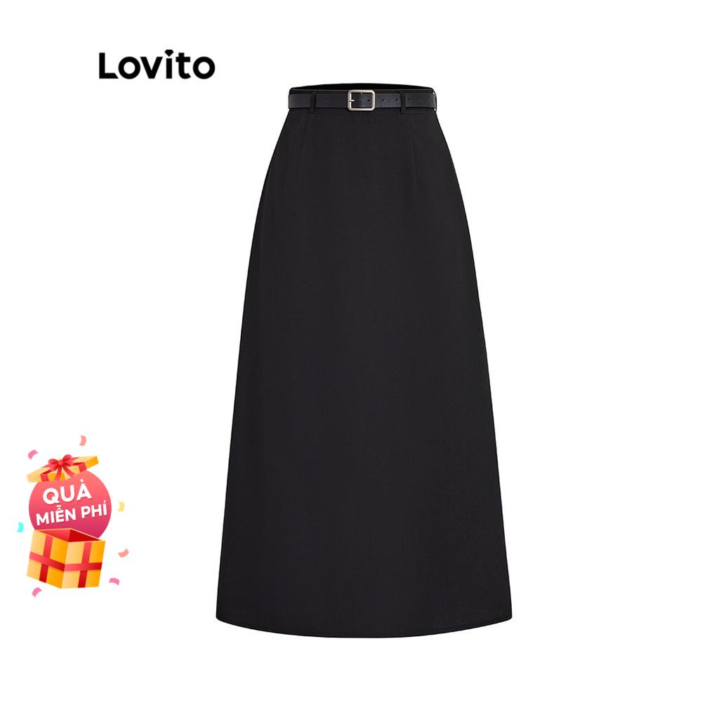 Chân váy midi Lovito phối thắt lưng màu trơn cơ bản cho nữ L47AD073 (màu đen)