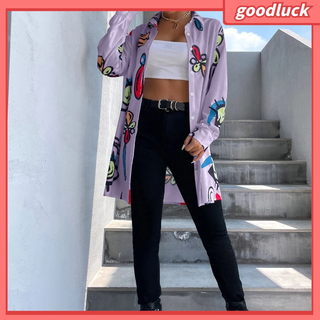 [ULK] Áo Sơ Mi Dài Tay Một Hàng Nút In Hình Đôi Mắt Thời Trang Dài Ngang Bắp Chân Cho Nữ