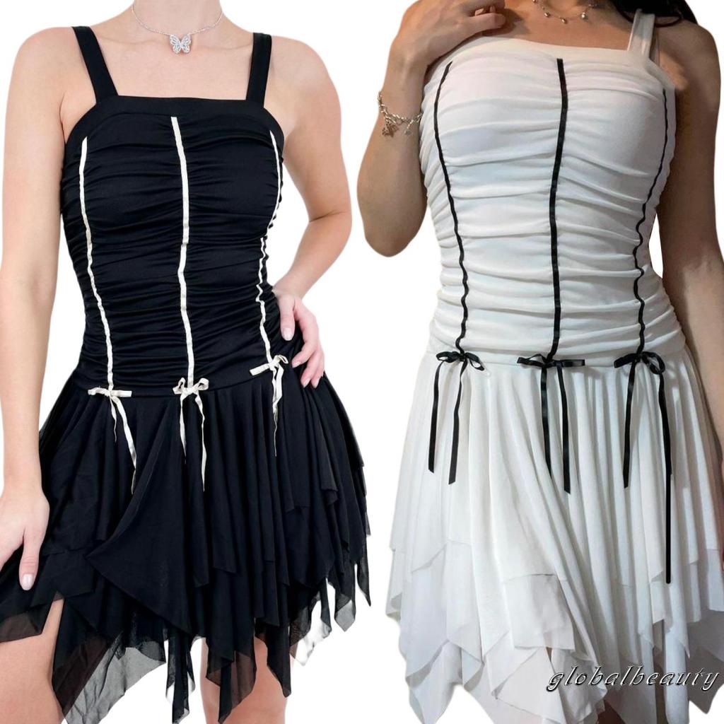 Đầm Mini Dáng Chữ A Không Tay Vạt Trước Không Đối Xứng Đính Nơ Phong Cách Gothic Thời Trang Mùa Hè Cho Nữ