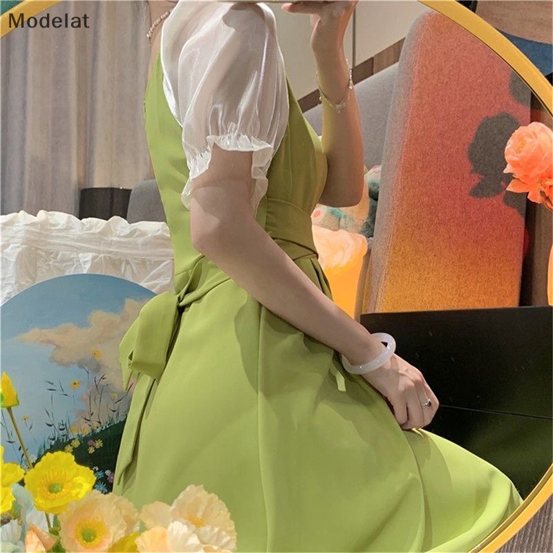 Đầm Midi Cổ Vuông Tay Ngắn Cột Dây Đính Hạt Ngọc Trai Thời Trang Mùa Hè Xinh Xắn Cho Nữ