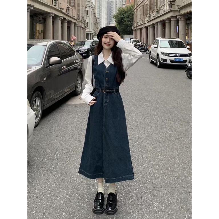 Bộ Áo Sơ Mi + Chân Váy Denim Dài Giả Hai Lớp Mẫu Mới 2023 Thời Trang Mùa Xuân Pháp Cho Nữ