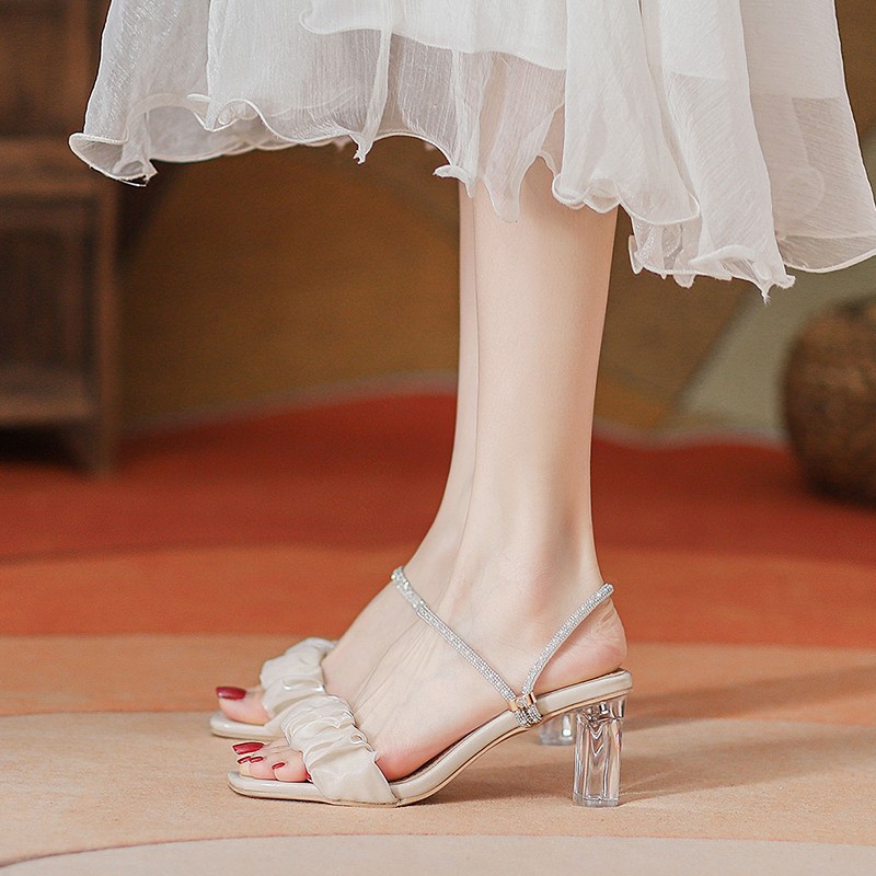 Duoya Dép Sandal Cao Gót Đính Đá Pha Lê Hai Lớp Dễ Phối Đồ Cho Nữ