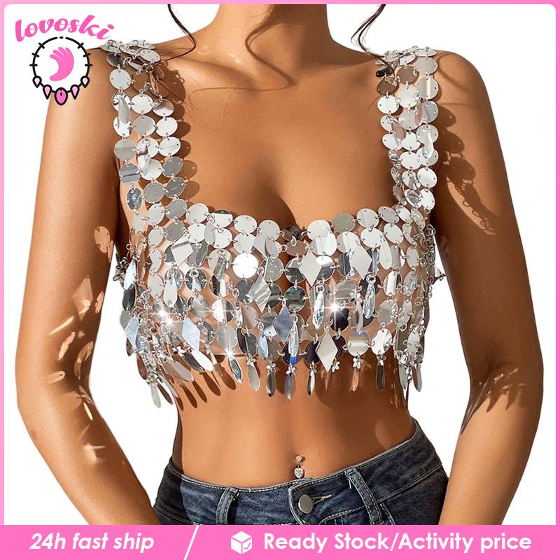 Áo Crop Top Đính Kim Sa Lấp Lánh Dành Cho Múa Bụng Lễ Hội