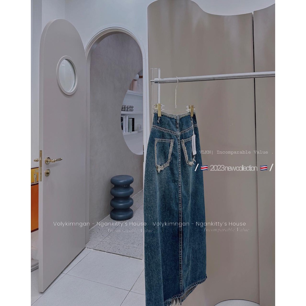 Chân váy jean dài xước