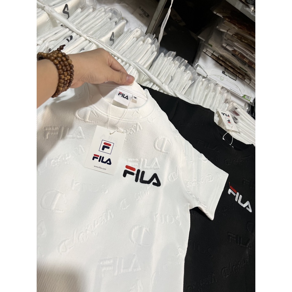 Áo Thun Nam Tay Ngắn Cổ Tròn Dập Vân Nổi Hoa Văn Thêu Chữ Fila, Chất Thun Cotton