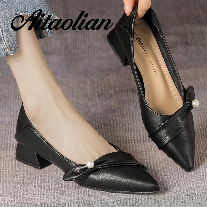 Giày cao gót 4cm da thật mũi nhọn mềm mại phong cách retro tùy chọn màu sắc cho nữ