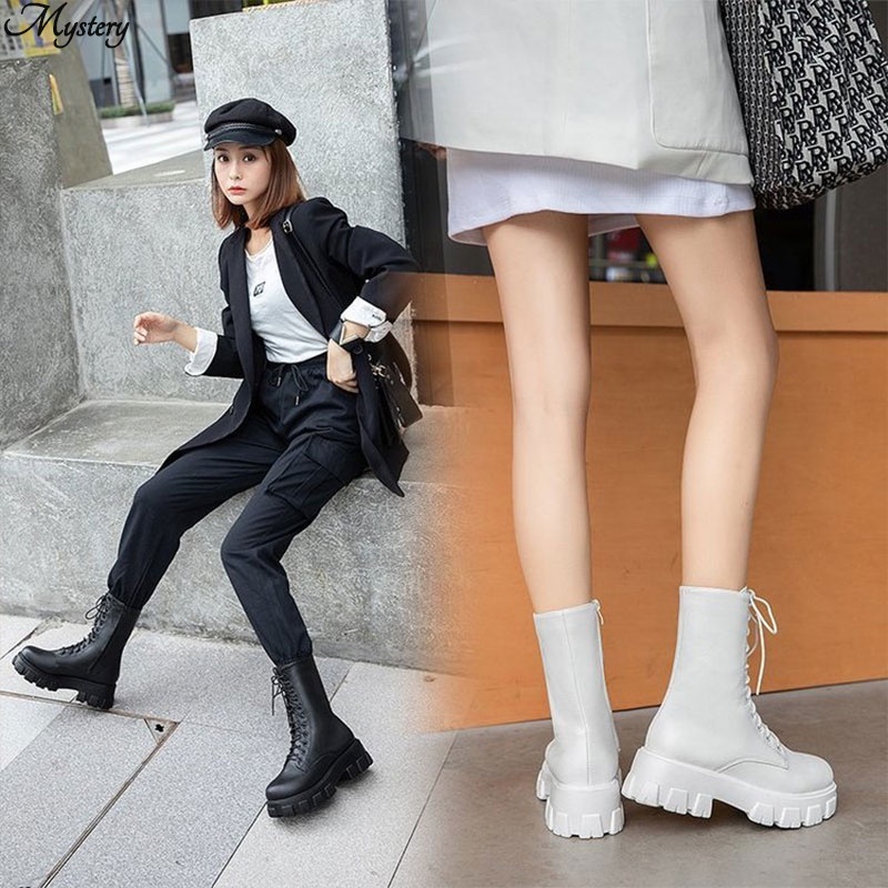 Giày Bốt Martin Đế Xuồng Gót Vừa Phối Khóa Kéo Bên Hông Thời Trang Cá Tính Cho Nữ