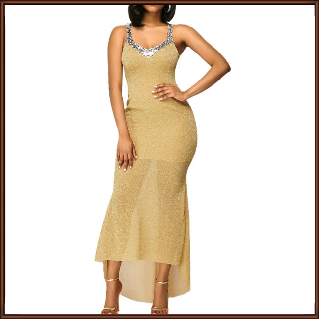 Đầm Dây Dáng Dài Đính Kim Sa Chất Liệu Polyester 100% Gợi Cảm