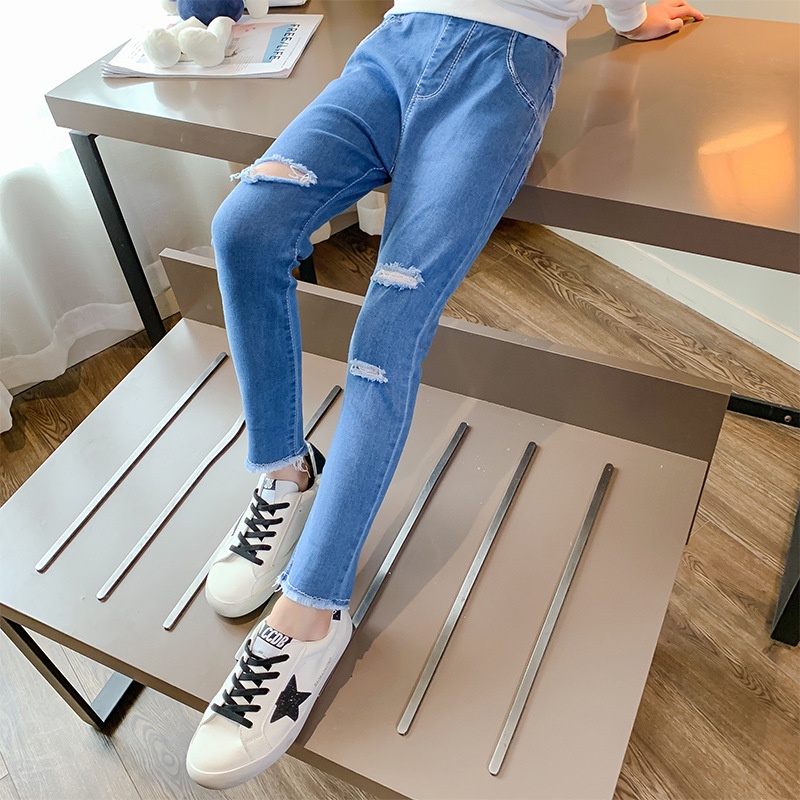 Quần jean dài IQ ANGEL dáng bút chì thiết kế rách co giãn tốt thời trang cho bé gái