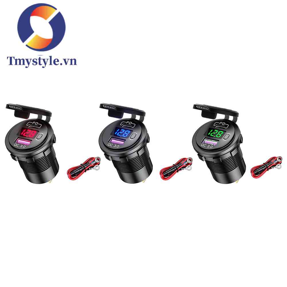 Ổ Cắm Sạc Điện Thoại Hai Cổng USB DC 12V-24V QC 3.0 PD Có Đèn LED Hiển Thị Vôn Kế Cho Xe Hơi