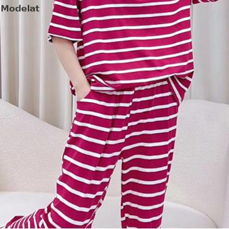 Bộ Đồ Ngủ Pijama Tay Ngắn In Họa Tiết Kẻ Sọc Dễ Thương Thời Trang Mùa Hè Cho Nữ