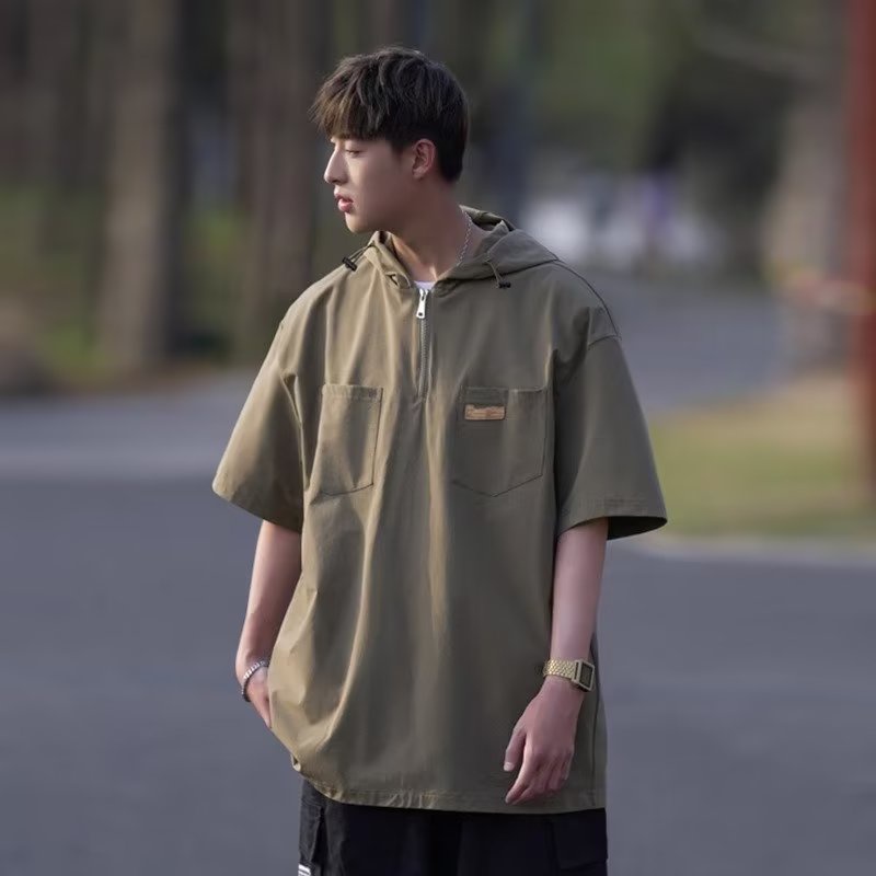 Áo Thun Tay Ngắn Có Mũ Trùm Đầu Và Khóa Kéo Phong Cách Thời Trang Nhật Bản Cho Nam Giới