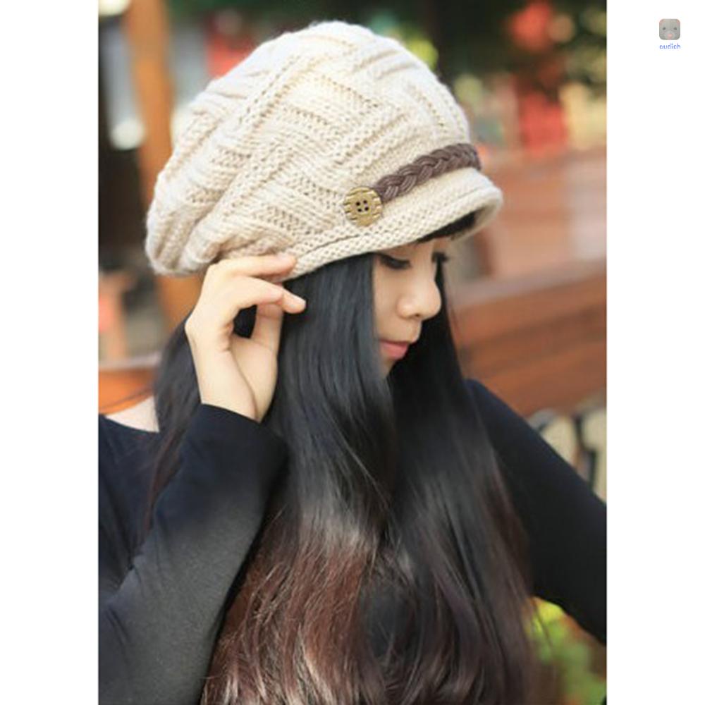 Mũ Len Beanie Dệt Kim Họa Tiết Kẻ Sọc Có Dây Thắt Lưng Bằng Da Thời Trang Mùa Đông Cho Nữ
