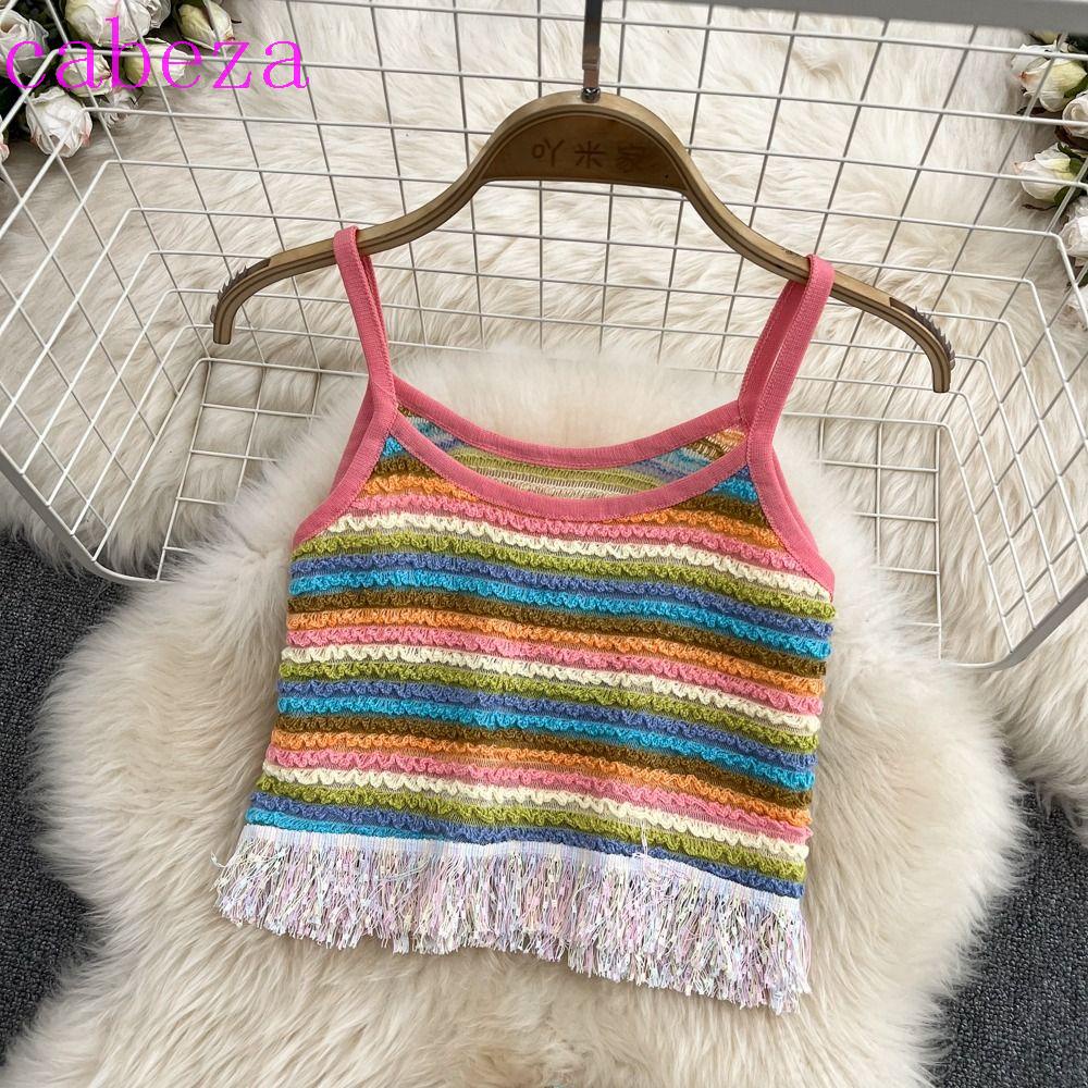 Áo Tank Top Dệt Kim Mềm Dáng Rộng Phối Tua Rua Màu Cầu Vồng Kiểu Retro Hàn Quốc