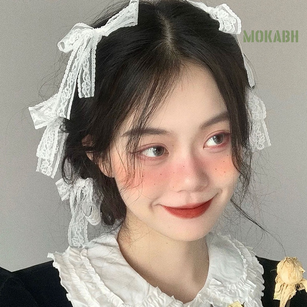 Bộ 3 / 4 / 6 Kẹp Tóc Nơ Phối Ren Trắng Thêu Họa Tiết Phong Cách Lolita Xinh Xắn Cho Bé Gái