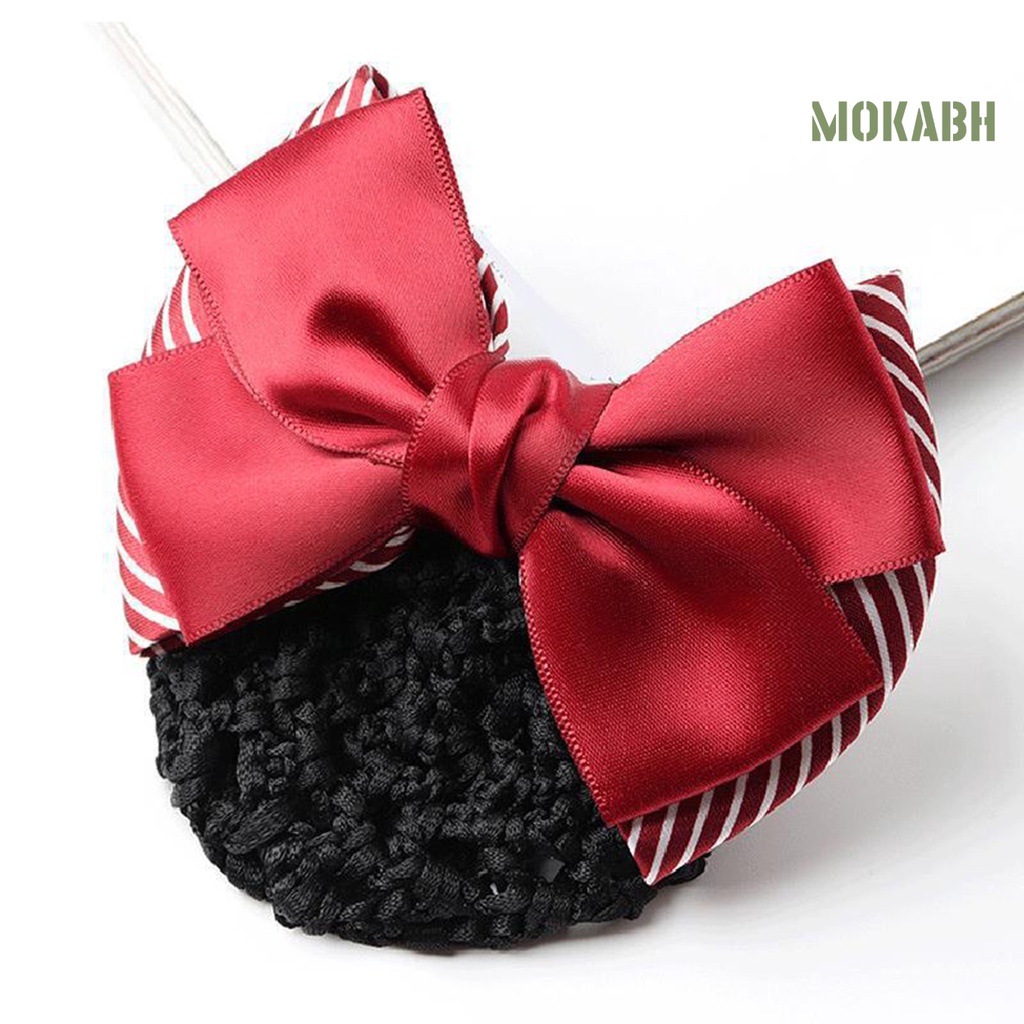 [Mok Abh] Mũ Lưới Thắt Nơ Họa Tiết Sọc Màu Sắc Tương Phản Chống Trượt Trang Trí Tóc Dành Cho Y Tá