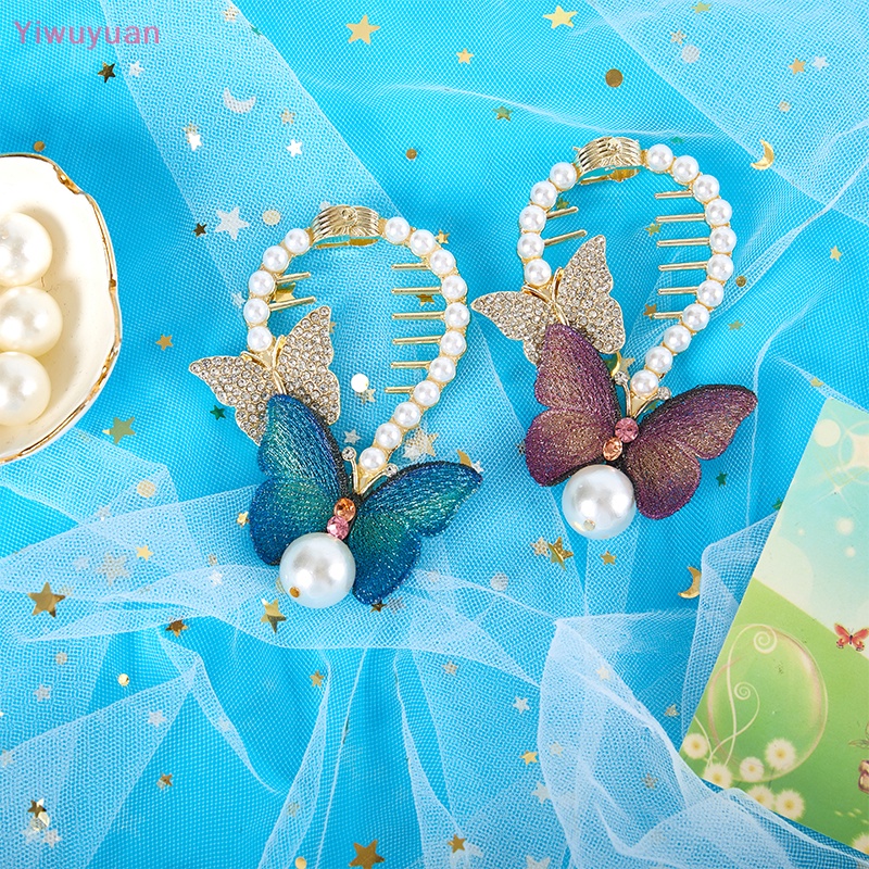 Kẹp Tóc Càng Cua Đính Đá Ngọc Trai Họa Tiết Bướm Cho Nữ Mới