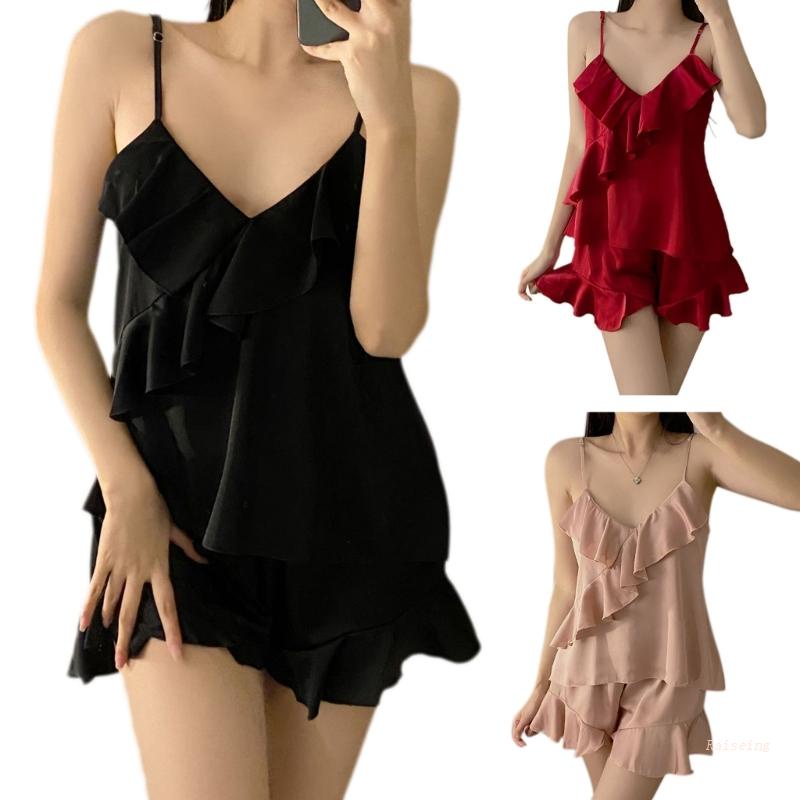 Bộ Đồ Ngủ 2 Món Áo Không Tay Viền Lá Sen Màu Trơn Thoáng Khí Phối Quần Short Thời Trang Mùa Hè Cho Bạn Gái