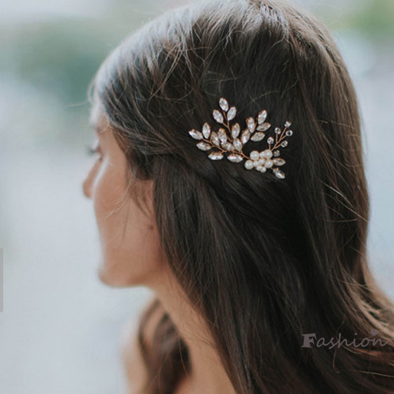 Set 3 Kẹp Tóc Hoa Lá Đính Đá Cho Cô Dâu