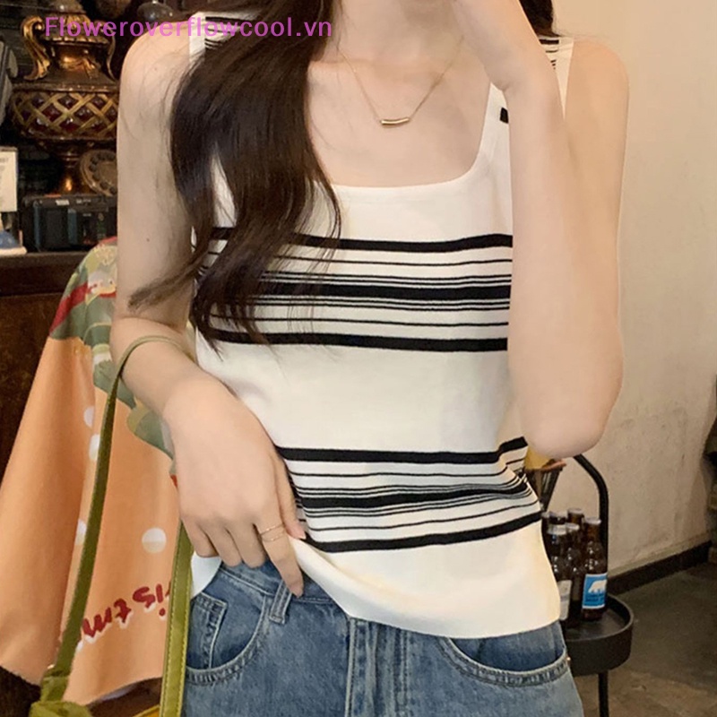 Áo Croptop Dệt Kim Không Tay Cổ Vuông Họa Tiết Kẻ Sọc Thời Trang Mùa Hè Quyến Rũ Cho Nữ