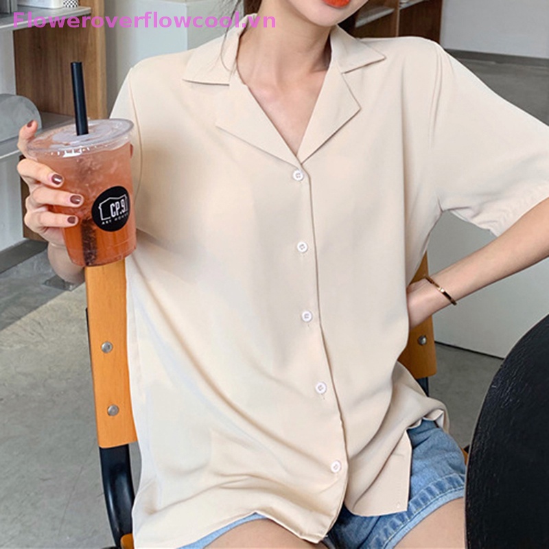 Áo Sơ Mi Tay Ngắn Màu Trơn Dáng Rộng Thời Trang Mùa Hè Tinh Tế Cho Nữ