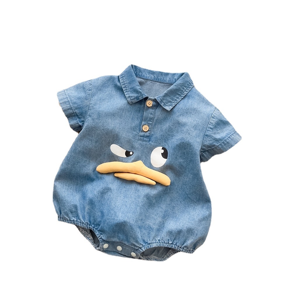 Bộ Áo Liền Quần Vải Denim Tay Ngắn Dễ Thương Thời Trang Mùa Hè Cho Bé