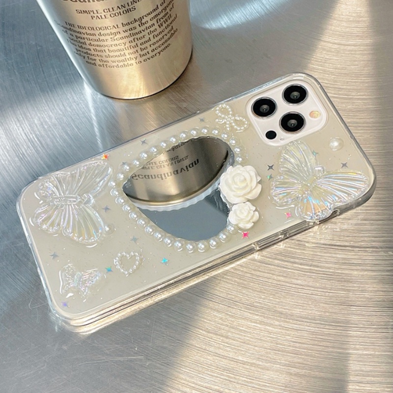 Ốp Điện Thoại TPU Dẻo Gắn Gương Trang Điểm Hình Trái Tim Bướm 3D Cho IPhone 14 Pro Max 13 12 11 Pro Max X XS