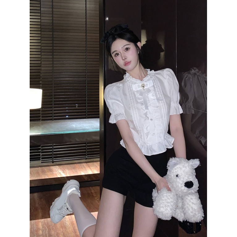 Áo Sơ Mi Tay Ngắn Dáng Ôm Thắt Nơ Phong Cách Pháp Thời Trang Mùa Hè Xinh Xắn Cho Nữ