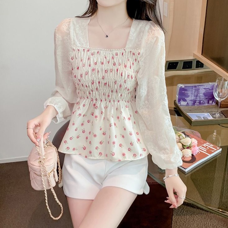 IELGY   Áo Sơ Mi Dài Tay Cổ Vuông Họa Tiết Hoa Phong Cách Pháp Thời Trang Cho Nữ