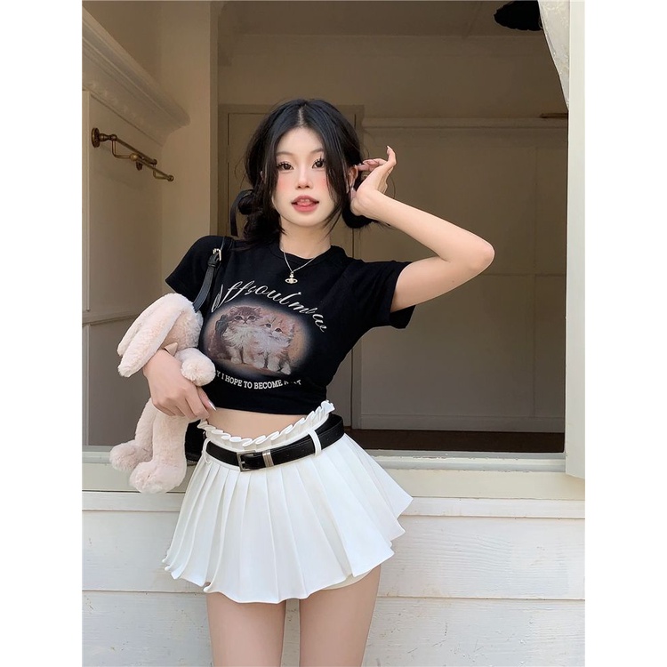 Áo baby tee Thun croptop Cotton Tay Ngắn Cổ Tròn In Hình Mèo Thời Trang Mùa Hè Dành Cho Nữ