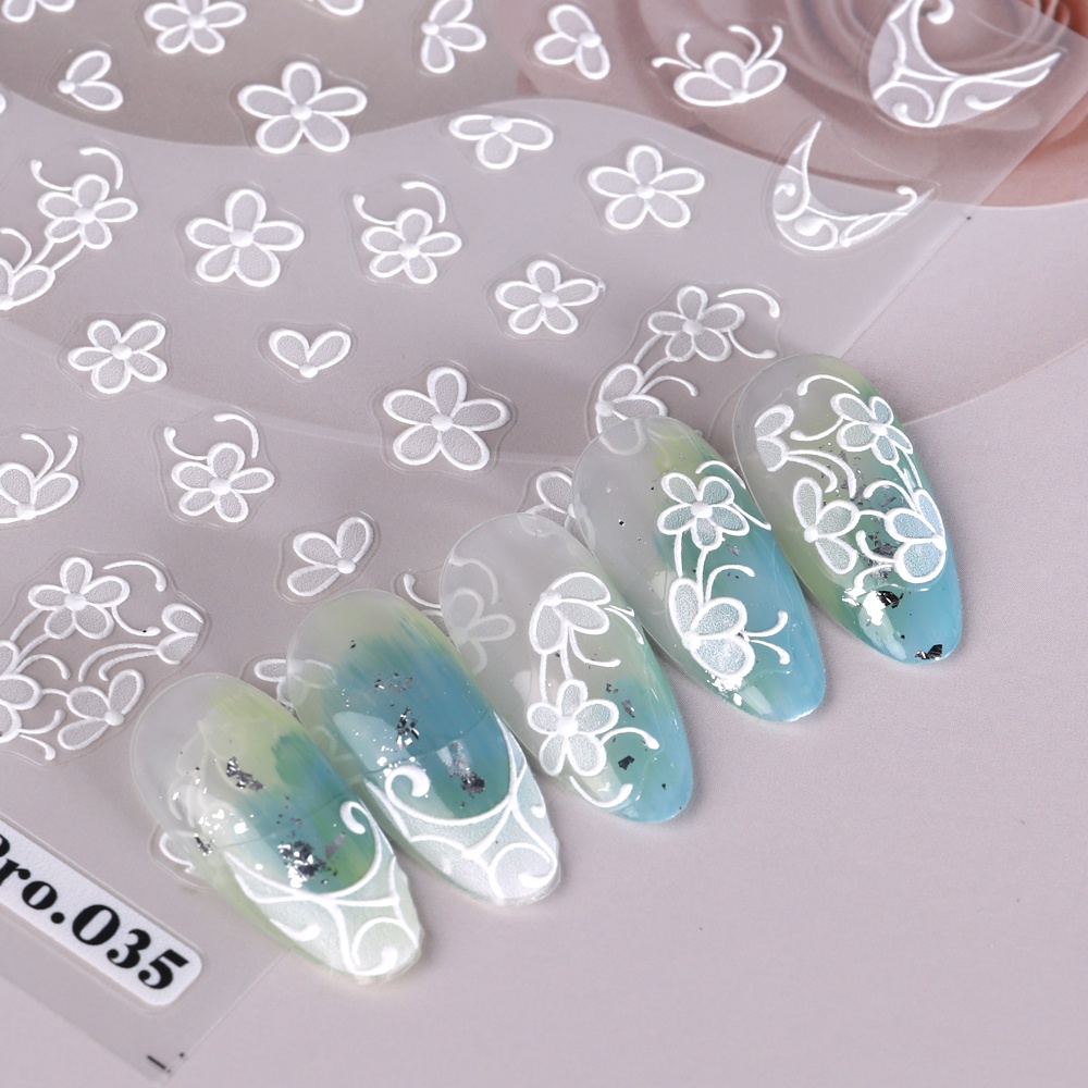 Miếng Dán Trang Trí Móng Tay Họa Tiết Hoa Trắng 5D Xinh Xắn