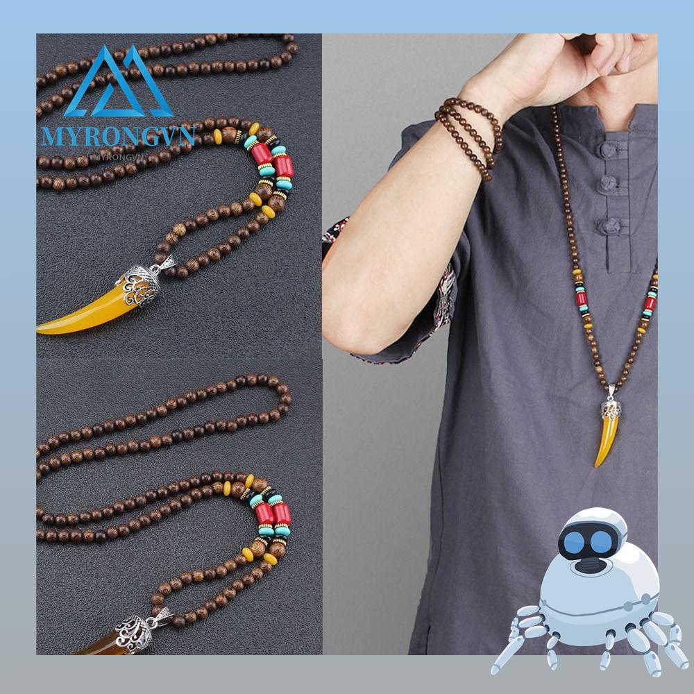 MYRONGVN Nepal Necklace Festival Vintage Party Mala Wood Bead Handmade Wood Long Necklace