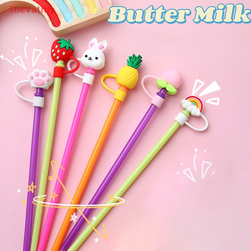 [Thevalifly] Ống Hút Silicon Chống Bụi Hình Hoạt Hình Có Nắp Đậy Ống Hút