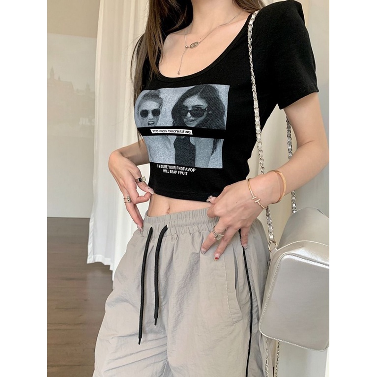 Áo baby tee Thun croptop Cotton Ngắn Tay Cổ Chữ u Màu Đen Phong Cách Retro Mỹ Thời Trang Mùa Hè 2023 Dành Cho Nữ
