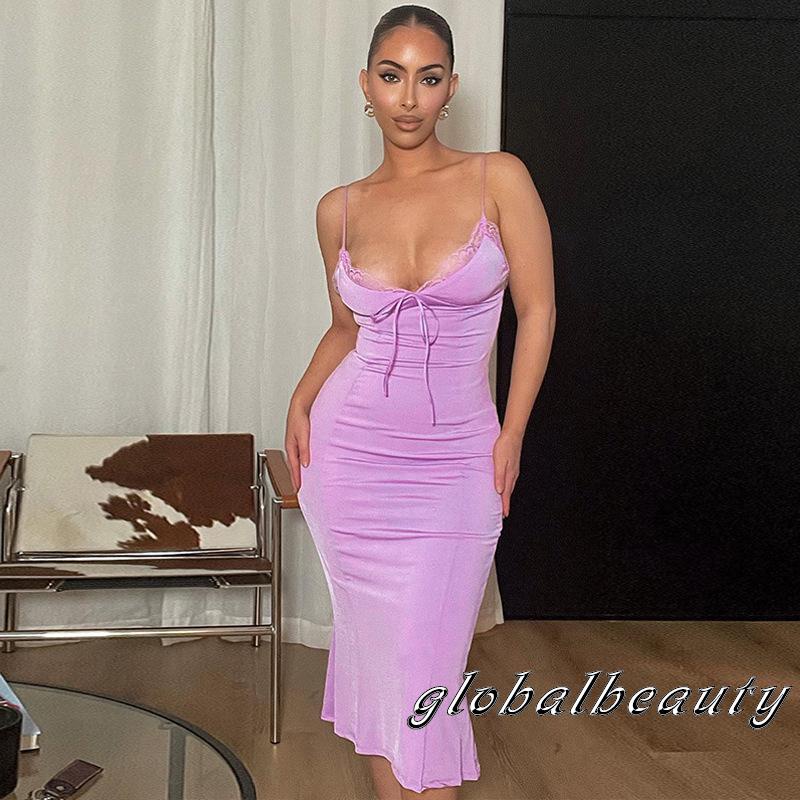 Đầm Midi Hai Dây Cổ Chữ V Hở Lưng Gợi Cảm Cho Nữ