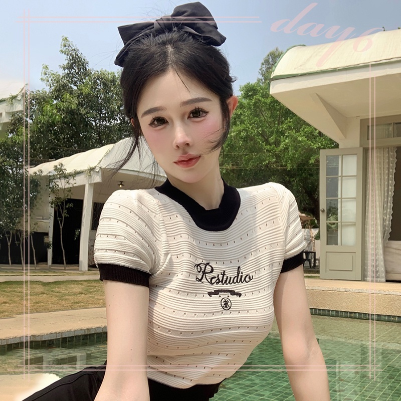 Áo Thun Dệt Kim Tay Ngắn Cổ Tròn Phong Cách Hàn Quốc Dành Cho Nữ